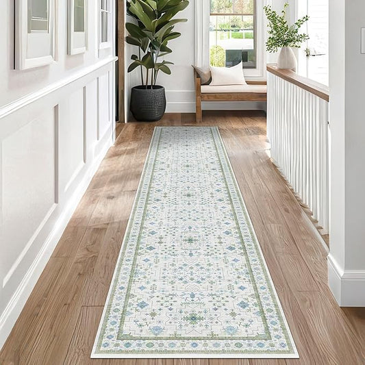 Oushak Wide Hallway Runner Rug 2'6"x10' - Vintage Turkish Floral, Washable Low Pile Non Slip 10ft Wide Runners for Kitchen, Hall Way - Blue and Green