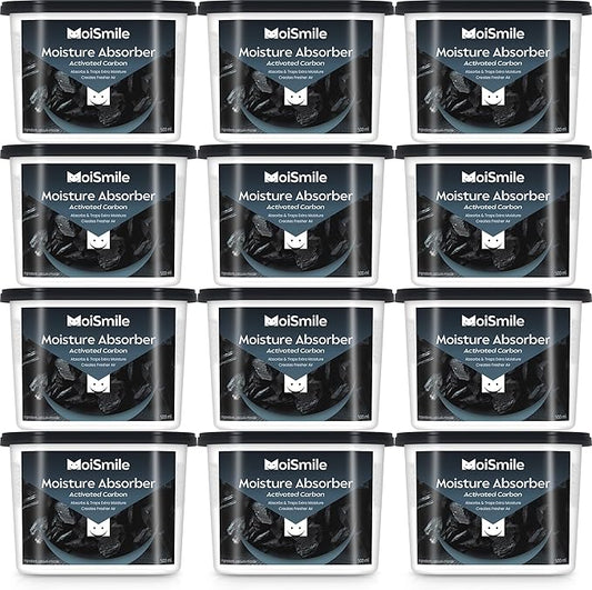 Moisture Absorbers 12 Packs, 10.8OZ Activated Charcoal Efficient Humidity Absorber ＆ Odor Absorber Boxes, Refillable Car Dehumidifier for Closet, Bathroom, Basement＆ RV