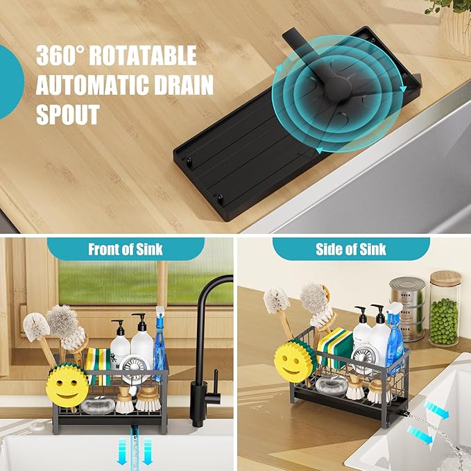 Sponge Holder for Kitchen Sink with Flexible Sink Caddy Smiley Face,2 Tier Kitchen Sink Organizer Countertop and Storage Essentials,Soap Dispenser Organize,Home Decor Accessories-Gray