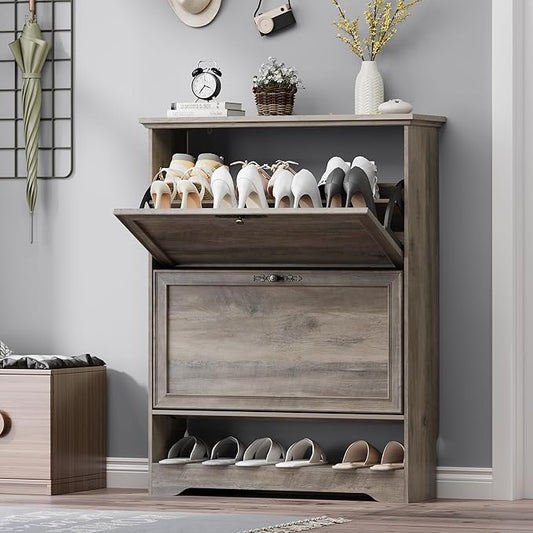 Shoe Cabinet for Entryway, Slim Shoe Storage Cabinet with Adjustable Shelves, Wooden Rack and Organizer for Small Spaces, Closet, Foyer, Hallway