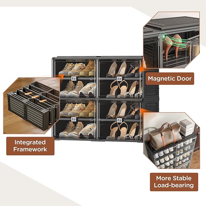 Black Shoe Rack Organizer Cabinet for Closet Entryway,Clear Shoe Storage Boxes Stackable Sneaker Storage with Door Easy Assembly Shoe Cabinet with Lids Large 4 Tiers 16 Pairs