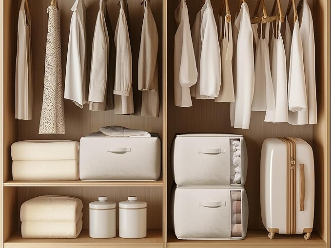 Large Canvas Clothes Storage Bags with Thick Handles and Clear Window, Foldable Cotton Linen Underbed Closet Organizer for Clothing, Blankets and Bedding, 60L, 4 Pack, Beige