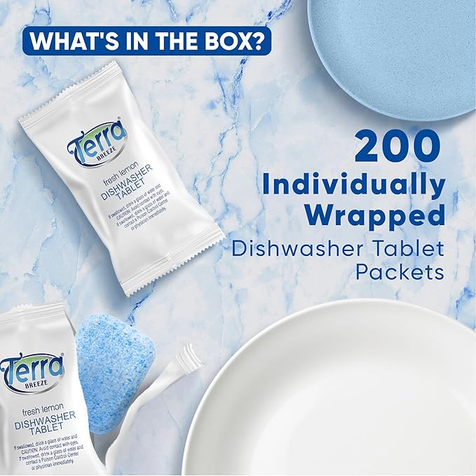Individually Wrapped Dishwasher Tablets | Dishwasher Detergent | Dish Soap Pods | Fresh Lemon Scent | Deep Clean for Dishes | 200 Count Bulk for Vacation Rentals and Extended Stay Hotels
