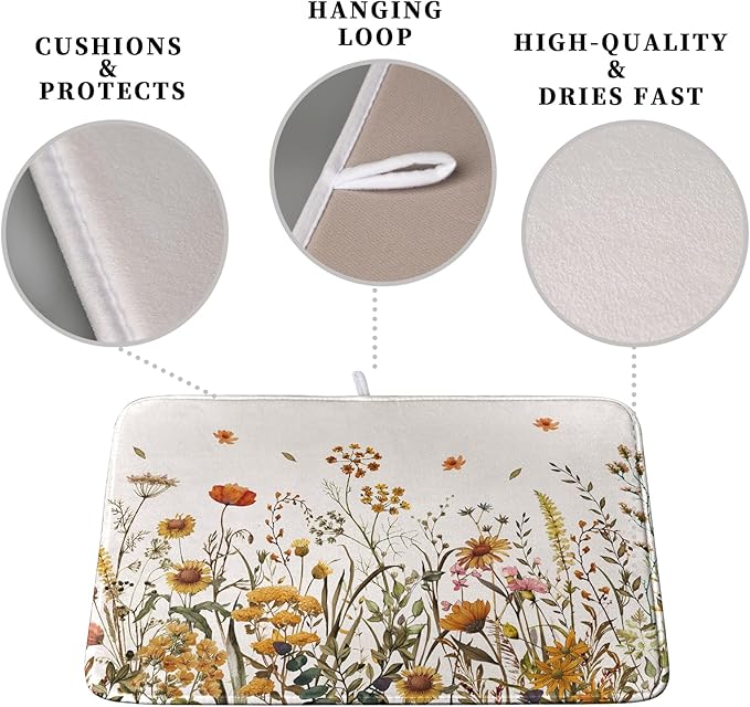 Fall Floral Dish Drying Mat for Kitchen Counter Autumn Burnt Orange Wild Flowers Dish Draining Mat Absorbent Microfiber Dishes Pad Washable Dish Drainer Rack Mat Large 18"x24"
