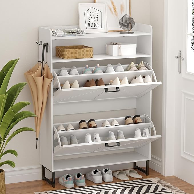 Shoe Cabinet with 2 Flip Drawers, Freestanding Hidden Shoe Storage Organizer for Entryway, Narrow Slim Shoe Rack Cabinet with Open Storage & Hooks for Front Door Entrance, Living Room, Hallway, White