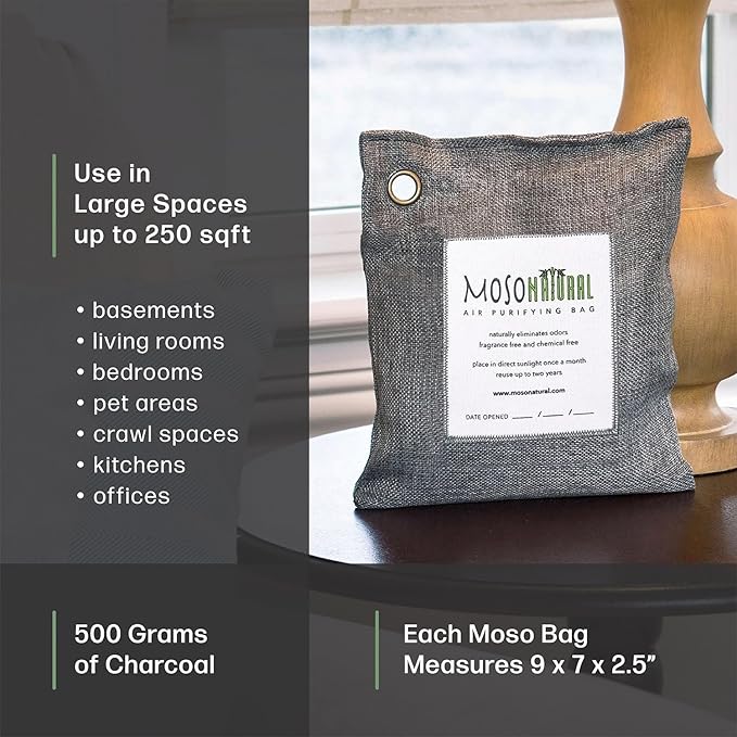 Moso Natural Air Purifying Bag 500g (3 Pack) Premium Bamboo Charcoal Odor Absorber for Home, Bedroom, Kitchen, Basement | Unscented Pet Odor Eliminator | Large Charcoal Deodorizer Bag Covers 250sqft