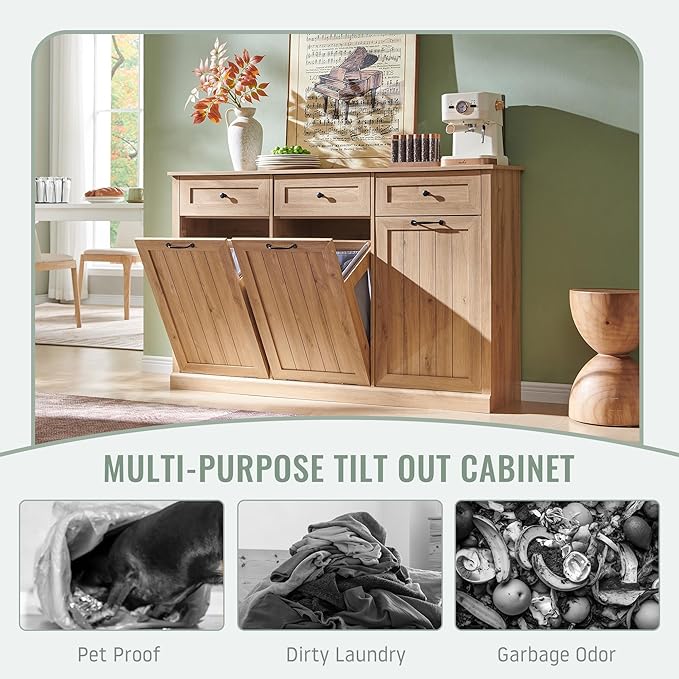 Triple Tilt Out Laundry Hamper Cabinet, 20 Gallon Farmhouse Trash Can Cabinet w/Drawer & Adjustable Shelf, Hidden Garbage Can Bin Cabinets w/Laundry Basket for Bathroom, Kitchen (Natural)