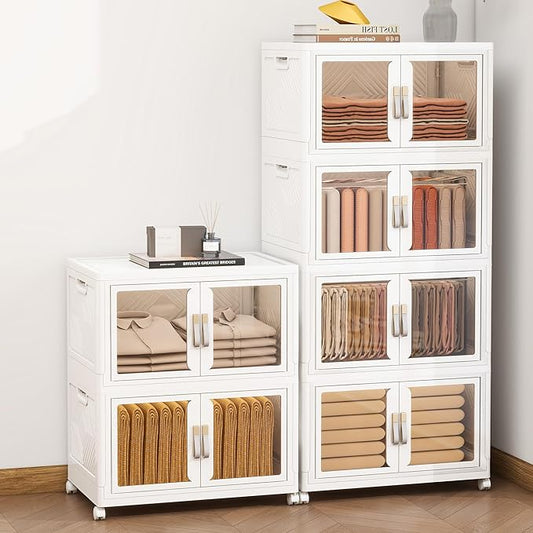 Large Clear Stackable Storage Bins with 2 Lids, Foldable Storage Cabinet for Closet Organizers and Storage, Plastic Storage Box with Wheels 270 QT