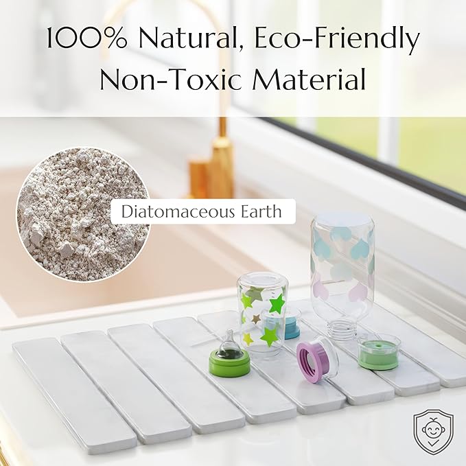 Stone Drying Mat for Kitchen Counter - Collapsible Diatomaceous Earth Dish Drying Stone - Fast Absorbent Stone Dish Drying Mat for Dishes and Pots (White)