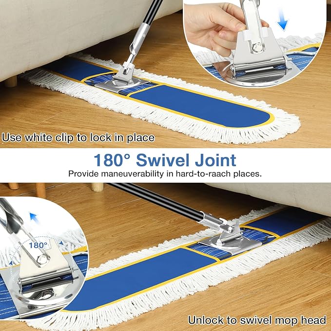 48" Commercial Industrial Dust Mop for Floor Cleaning, Large Floor Dust Broom with Washable Mops Pads, Wet Dry Duster Mops for Hardwood Floors,Marble, Laminate, Tile, Concrete, Garage,Blue