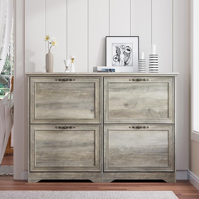 Large Shoe Cabinet for Entryway, 4 Flip Drawer Organizer with Adjustable Shelves, Wooden Slim Shoe Storage Cabinet and Rack for Closet, Hallway, Foyer