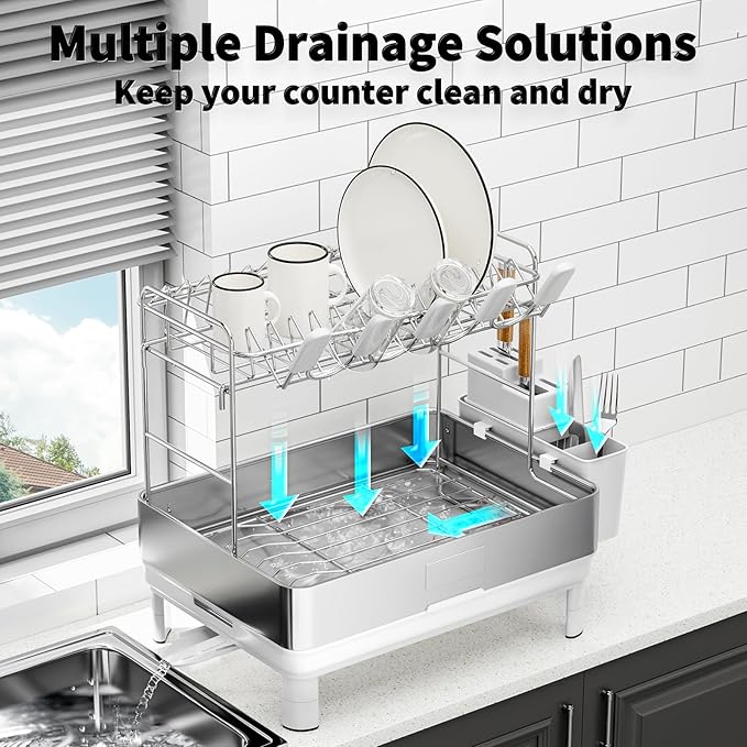 Large Dish Drying Rack, 304 Stainless Steel Dish Racks for Kitchen Counter, Automatic Drainage Spout, Rustproof Kitchen Dish Drainers with Drainboard, Utensil Holder & Glass Holder, White
