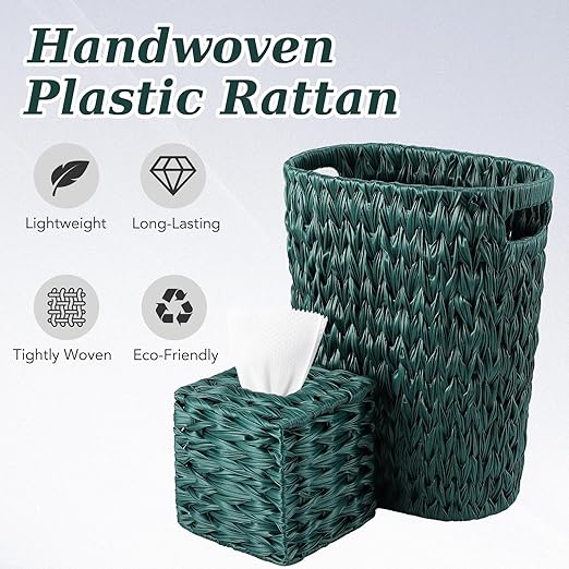 Wicker Trash Can & Square Tissue Box, Handwoven Waterproof Waste Basket with Handles, Wicker Home Set for Bedroom, Bathroom, Kitchen, Office, Balcony (Dark Green)