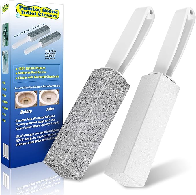 Toilet Bowl Cleaner Pumice Stone -Hard Water Stain Remover with Ergonomic Handle, Powerfully Removes Toilet Bowl Rings，Rust &Lime，Ideal for Toilet Brush/BBQ Grills/Sink/Pool/Bathroom【2Pack】