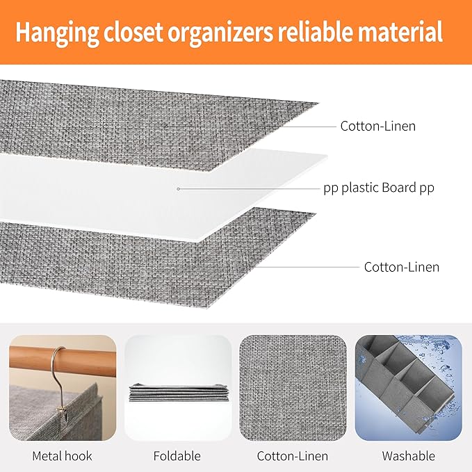 Large Hanging Sweater Organizer for Closet,Collapsible 6-Shelf Hanging Closet Shelves with Drawers, Washable (Grey-5 Shelf-1 d)