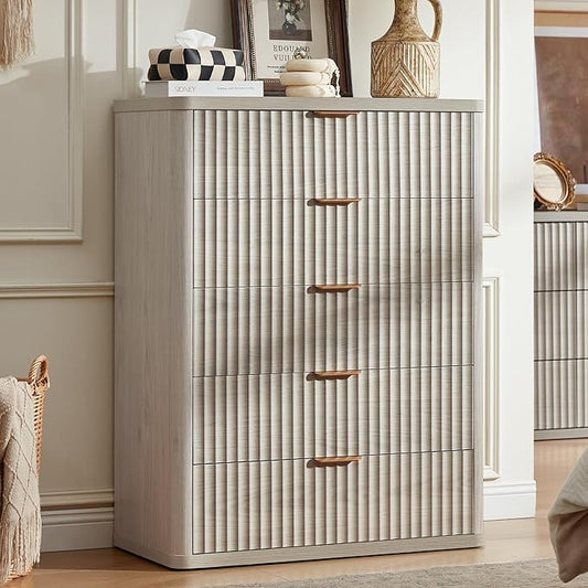LEYAOYAO Fluted 5 Drawers Dresser Set of 2, 41" Tall Modern Chest of Drawers with Metal Handle, Curved Profile Dresser TV Stand, Wooden Drawer Organizer for Bedroom, Living Room, Hallway, Lightgrey