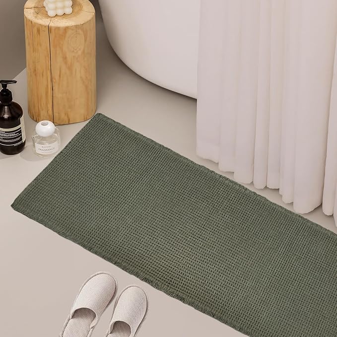 ZALL Waffle Bath Mat,Super Absorbent Non Slip Long Bathroom Runner Rug,Dark Green 24X60inch,Machine Washable Ultra Soft Floor Mats