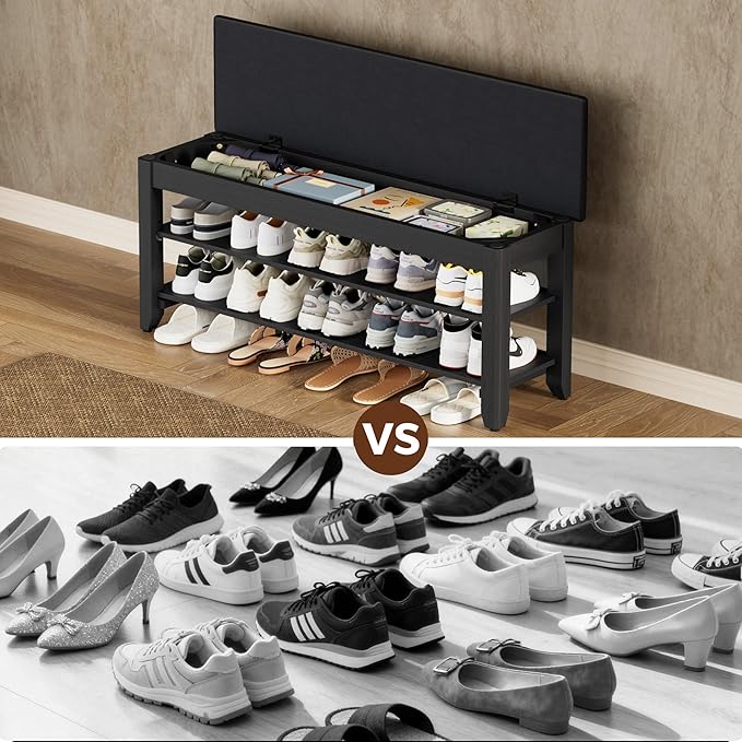 Shoe Rack Bench with Flip-Top Storage, Solid Wood Entryway Bench with Cushion, Adjustable Shelf, for Hallway, Mudroom, Closet – Black, 39.4"