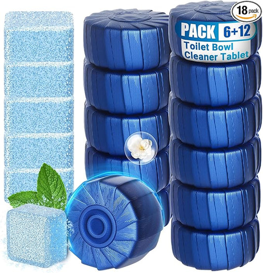 18 Pack Toilet Bowl Cleaner, 12pcs Blue Toilet Bowl Tablets + 6pcs Foam Bathroom Bleach Cleaners Tablets, 2:1 Automatic Toilet Bowl Cleaner For Deodorizing&Stain Removal(18pack,Blue)