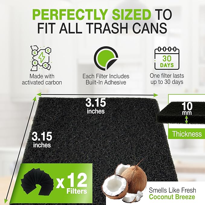 Premium 12 Pack Activated Carbon 3 in 1 Garbage Can Odor Absorber Filters Coconut Charcoal Puck Deodorizer Step Replacements for Kitchen Trash On The Go Bag Air Freshener Pods Compatible Magic Small