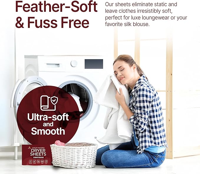 Dryer Sheets – Carat Rouge Scent | Ultra-Soft Essential Oil Dryer Sheet | Long-Lasting Fabric Sheet | 60 PCS Scented Laundry Sheets With Odor Neutralizing Technology by Perfa