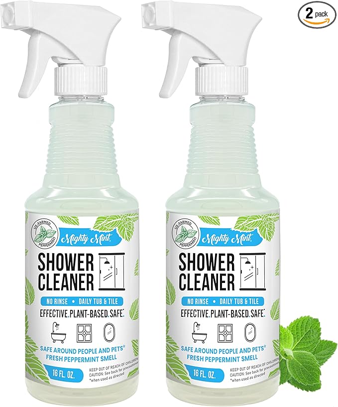 Mighty Mint Shower Cleaner, No-Rinse, No-Scrub, Daily Spray for Glass, Tile, Grout, Natural Peppermint Scent, 16oz - 2 Pack