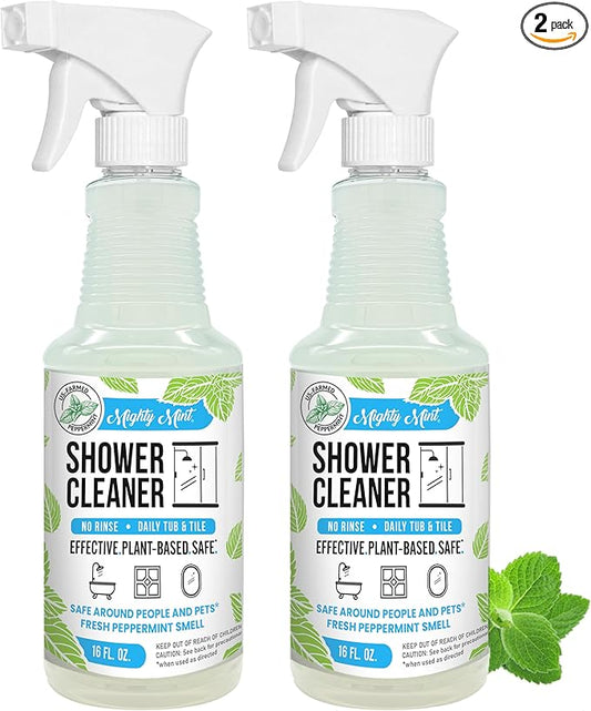 Mighty Mint Shower Cleaner, No-Rinse, No-Scrub, Daily Spray for Glass, Tile, Grout, Natural Peppermint Scent, 16oz - 2 Pack