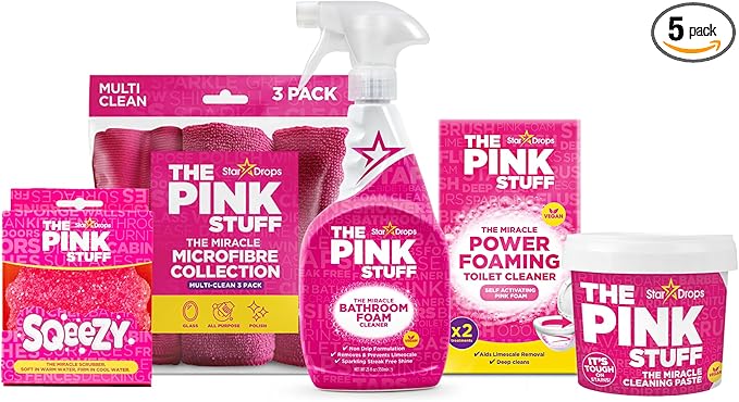 Stardrops - The Pink Stuff Bathroom Cleaning Kit – Cleaning Paste, Bathroom Foam Spray, Toilet Foaming Powder, SQeeZY Sponge & 3 Microfiber Cloths – Tough on Stains, Grease & Soap Scum