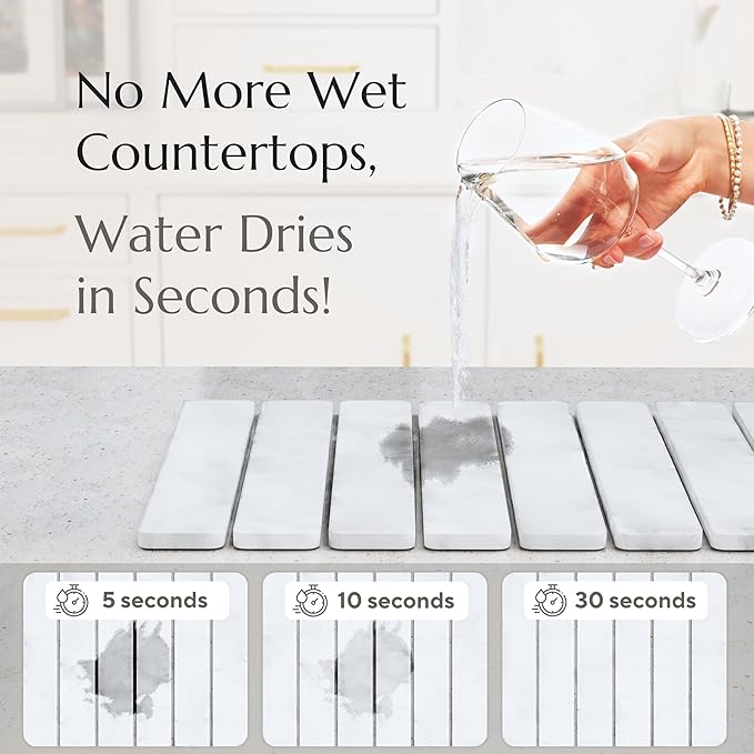 Stone Drying Mat for Kitchen Counter - Collapsible Diatomaceous Earth Dish Drying Stone - Fast Absorbent Stone Dish Drying Mat for Dishes and Pots (White)