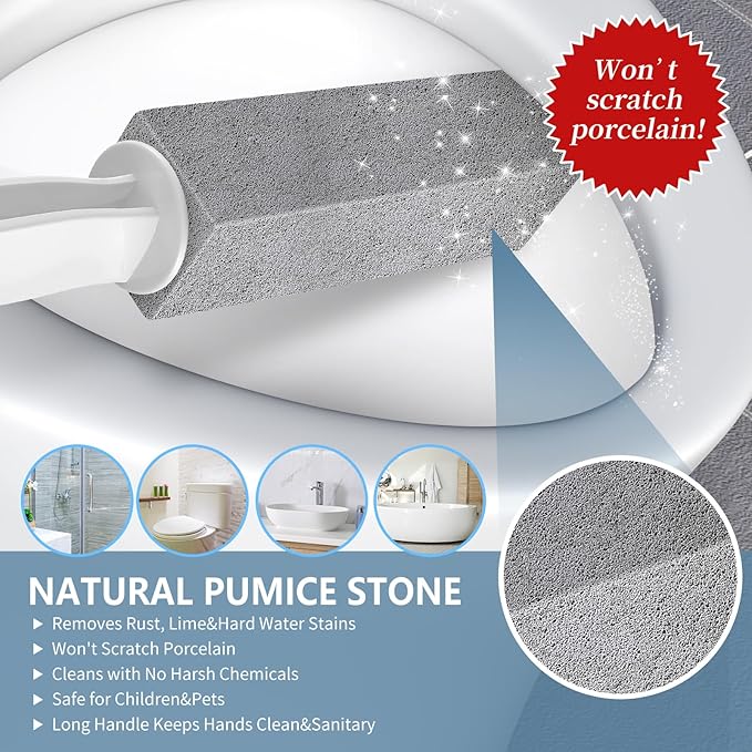 Toilet Bowl Cleaner Pumice Stone -Hard Water Stain Remover, Powerfully Removes Toilet Bowl Rings，Rust &Lime，Ideal for Toilet Brush/BBQ Grills/Sink/Pool/Bathroom【2Pack】 (Extra Long Handle)
