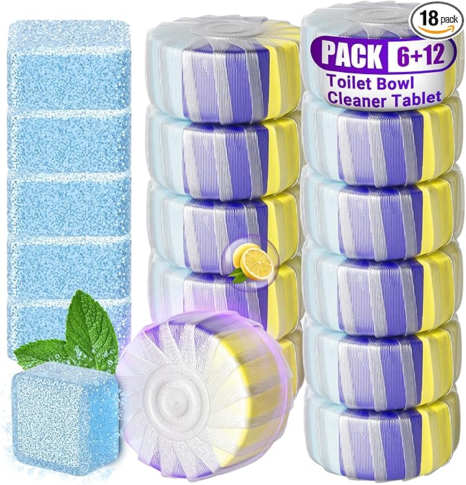 18 Pack Upgraded Toilet Bowl Tablets, 12 Pcs Triple Effect Toilet Bowl Tablets + 6 Pcs Tank Cleaner With Bleach, 2:1 Toilet Bowl Cleaners Drop In Tank For Deodorizing & Descaling(18 Pack)