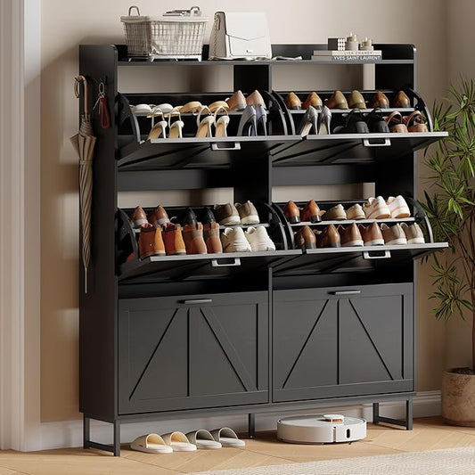 Shoe Cabinet with 6 Flip Drawers, Freestanding Hidden Shoe Storage Organizer for Entryway, Narrow Slim Shoe Rack Cabinet with Open Storage & Hooks for Front Door Entrance, Living Room, Hallway, Black