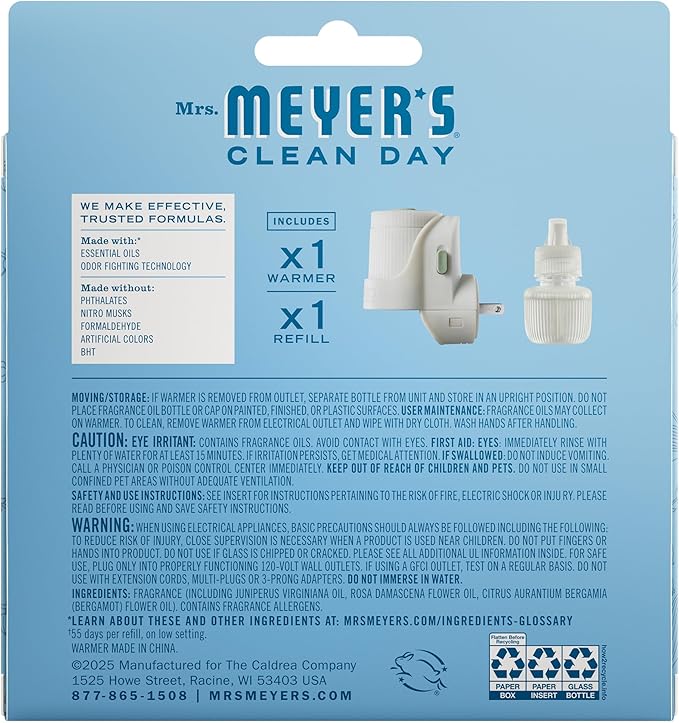MRS. MEYER'S CLEAN DAY Premium Scented Oil Diffuser Kit, Rain Water, 1 warmer and .67 fl oz refill