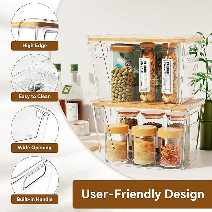 Criusia 2 Set Pantry Organizers and Storage with Bamboo Lids, Stackable Clear Bins for Onion, Potato, Fruit, Vegetables, Trash Bag Dispenser, Kitchen and Under Sink Organizer