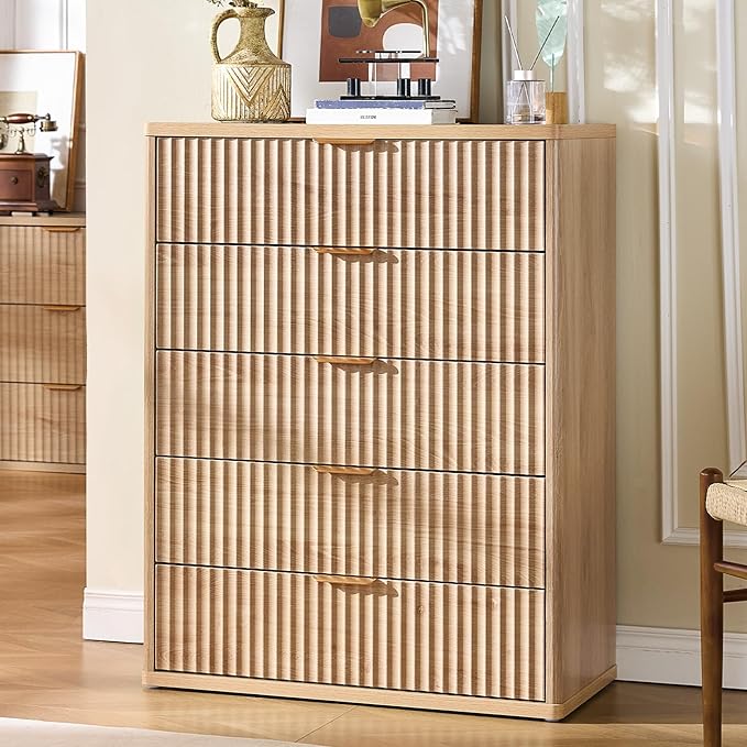 LEYAOYAO Fluted 5 Drawers Dresser Set of 2, 41" Tall Modern Chest of Drawers with Metal Handle, Curved Profile Dresser TV Stand, Wooden Drawer Organizer for Bedroom, Living Room, Hallway, Navy Blue