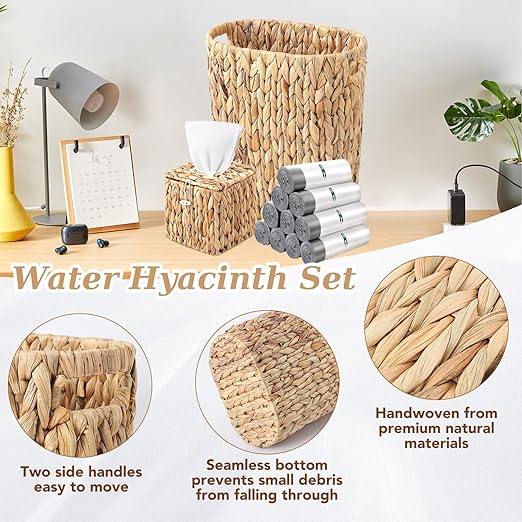 BSSN Wicker Trash Can with 150 Count 5 Gallon Trash Bag, Square Tissue Box Holder, Handwoven Waterproof Waste Basket 15L with Handles, Wicker Home Set for Bedroom, Bathroom, Kitchen (White Trash Bag)