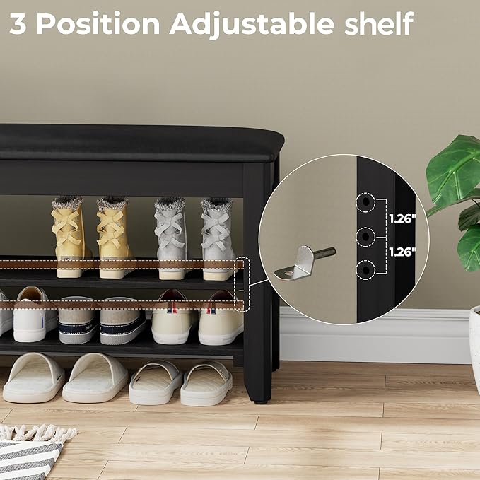 Shoe Rack Bench with Flip-Top Storage, Solid Wood Entryway Bench with Cushion, Adjustable Shelf, for Hallway, Mudroom, Closet – Black, 39.4"
