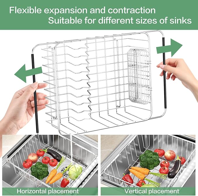 Large Dish Drainer Rack in Sink Adjustable, Expandable 304 Stainless Steel Metal Dish Drying Rack Organizer with Stainless Steel Utensil Holder Over Inside Sink Counter, Rustproof