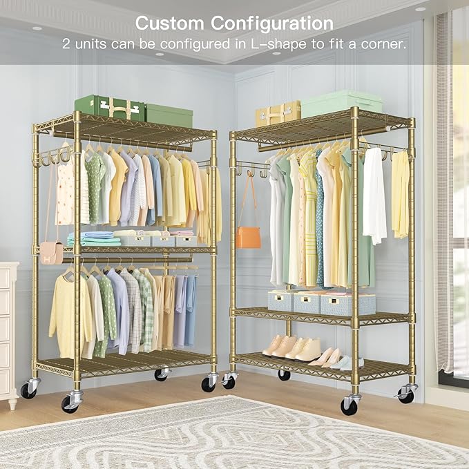 FUTASSI P1 Rolling Clothes Rack, Movable Metal Garment Closet Organizer with Lockable Wheels, Clothing Wardrobe with Double Hanger Rods and Hooks, 35.4" W x 15.7" D x 80.5" H, Load 450lbs, Gold