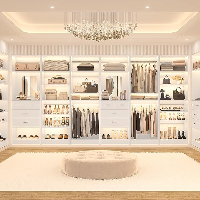 Unikito 50” Closet System with 4 Drawers, 4.2FT Wood Closet Organizer with Hanging Rods and Mirror, Reversible Small Walk in Closet Wardrobe, Adjustable Sturdy Clothes Garment Rack, Set of 2, White