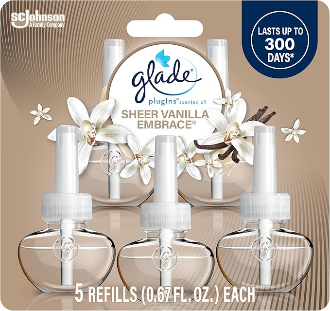 Glade PlugIns Refills Air Freshener, Scented and Essential Oils for Home and Bathroom, Sheer Vanilla Embrace, 3.35 Fl Oz, 5 Count