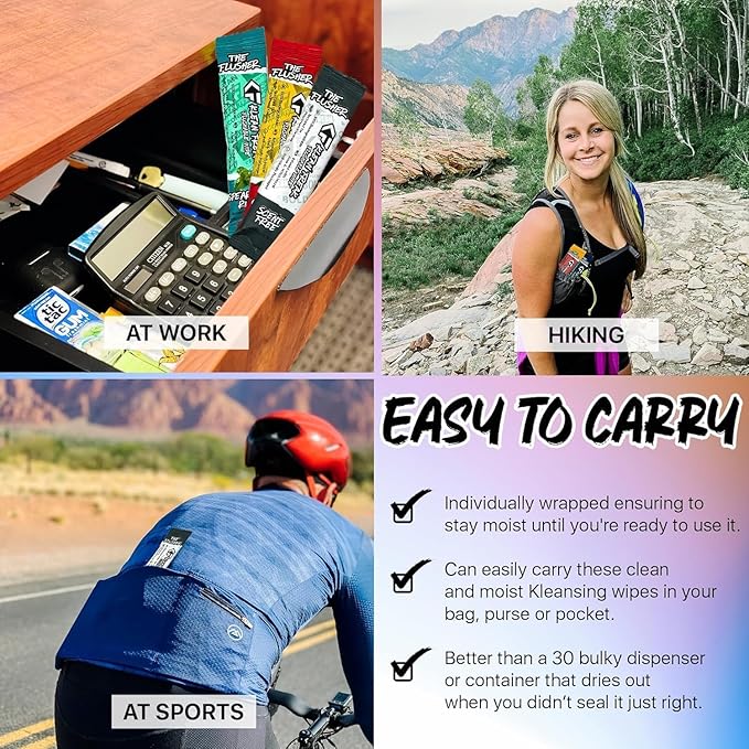 THE KLEAN FREAK FLUSHER - 100 Pack FLUSHABLE WIPES Flushable Wipes For Adults & Kids Unscented/Scented - 100% BIODEGRADABLE Individual Wrapped Travel WET Wipe for Toilet - Scent Free
