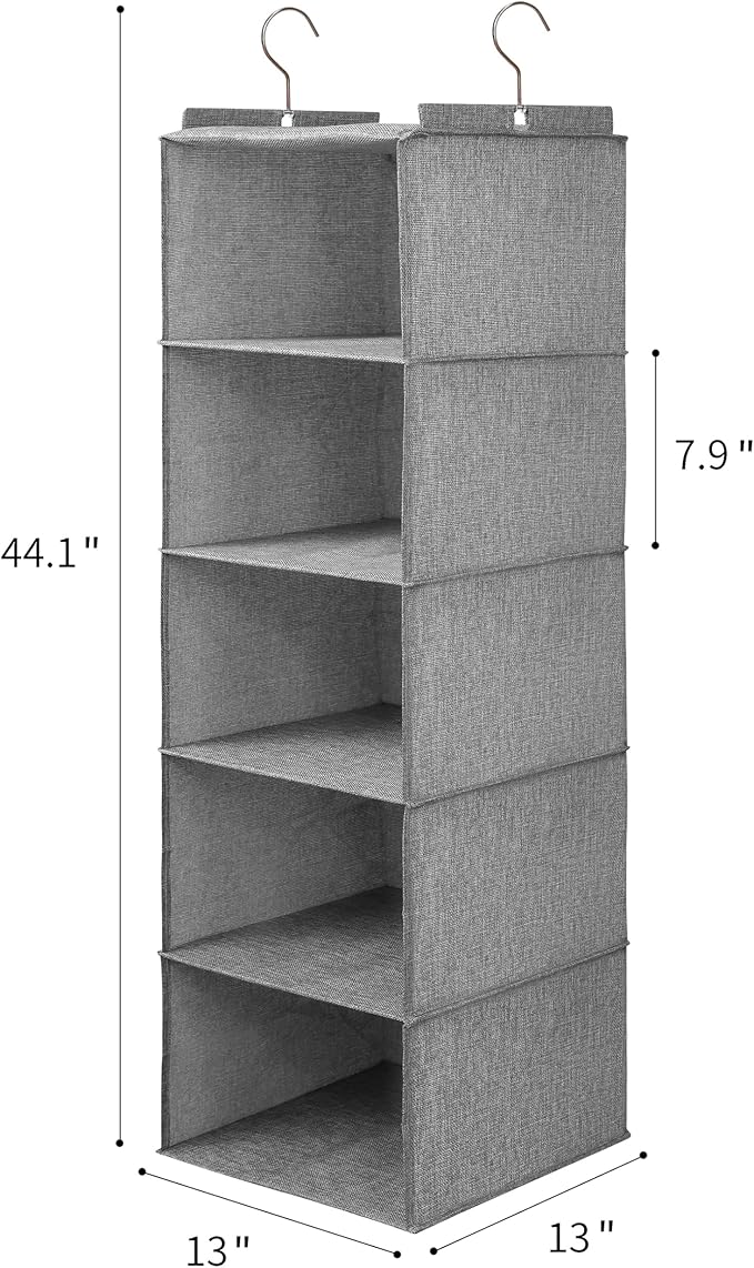 Large Hanging Sweater Organizer for Closet,Collapsible 6-Shelf Hanging Closet Shelves with Drawers, Washable (Grey-5 Shelf-1 d)