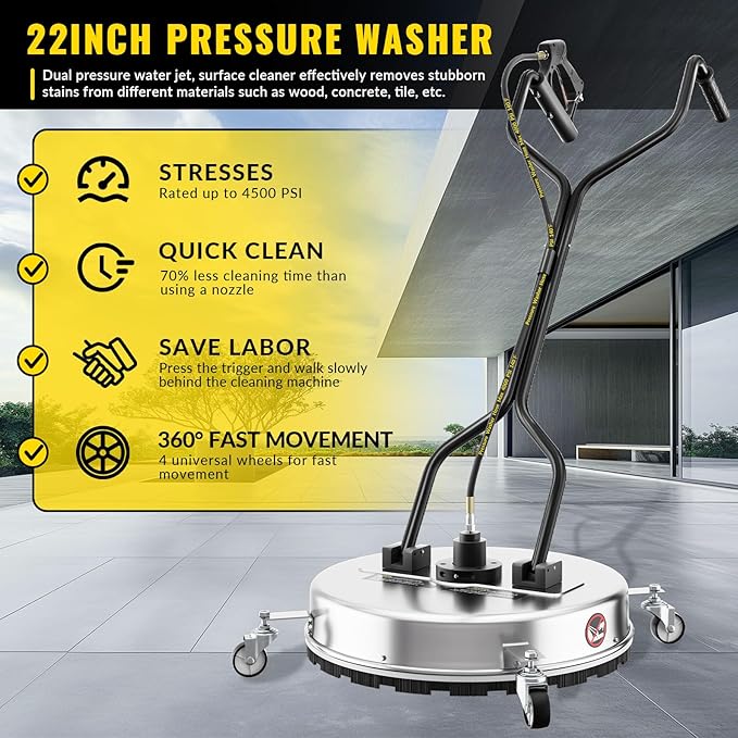 22''Pressure Washer Surface Cleaner,4500PSI Power Washer Surface Cleaner Attachment with Wheels,Dual Handle,Stainless Steel Housing, 3/8'' Quick-Connect for Driveway Sidewalk Curb Deck Patio Cleaning