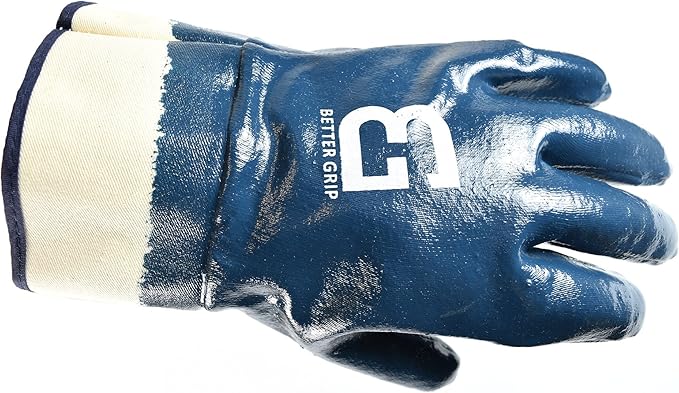 (Box Deal) Better Grip BG105NITRILE-72 Heavy Duty Premium Nitrile Rubber Fully Coated Gloves with Safety Cuffs, Smooth, Blue, Chemical Resistant, Large (1 Case- 72 pairs)