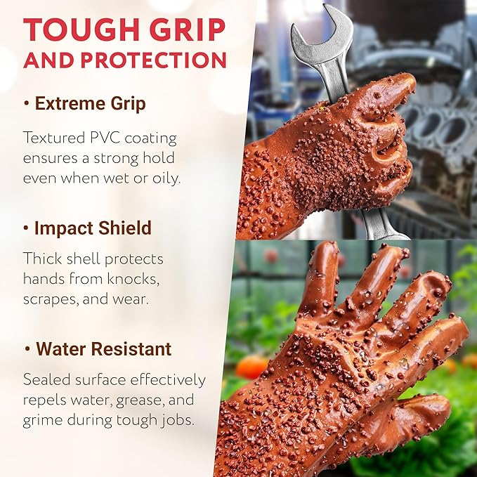 ABC PACK & SUPPLY Natural Rubber Coated PVC Gloves, Men's Size. Dark Red Waterproof Work Gloves for Men with a Rocky Finish
