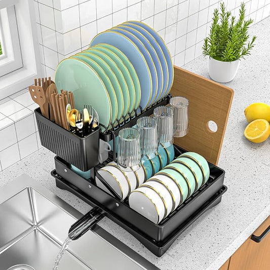 Large Dish Drying Rack,Dish Rack 2 Tier,Dish drainers for Kitchen Counter with Cup Chopping Board Cutlery Holder,Anti-Rust Collapsible 16.5" L x 11.8" W Black