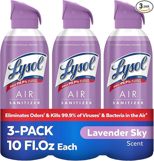 Lysol Air Sanitizer Spray with Odor Eliminator - Lavender Sky Scent - 10 oz Bottle (296 ml) - Pack of 3 - Sanitizing Air Freshener Alternative - Home, Bathroom, Kitchen - Kills Airborne Bacteria
