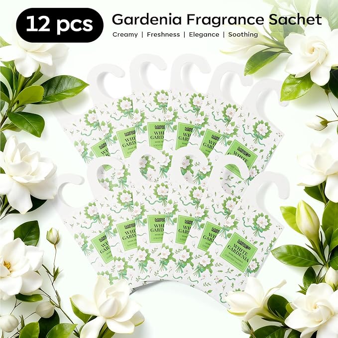 MYARO Large Hanging Sachets Scented for Home 12 Pcs Potpourri Bags Long Lasting Air Freshener for Closet Drawer Car House (White Gardenia)