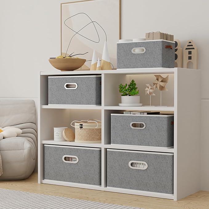 Yawinhe Foldable Storage Baskets for Shelves, Fabric Closet Organizers, Bins with 3 Handles, Cubes for Clothes, Grey, 15''Lx9.8''Wx8.3''H, 6-Pack